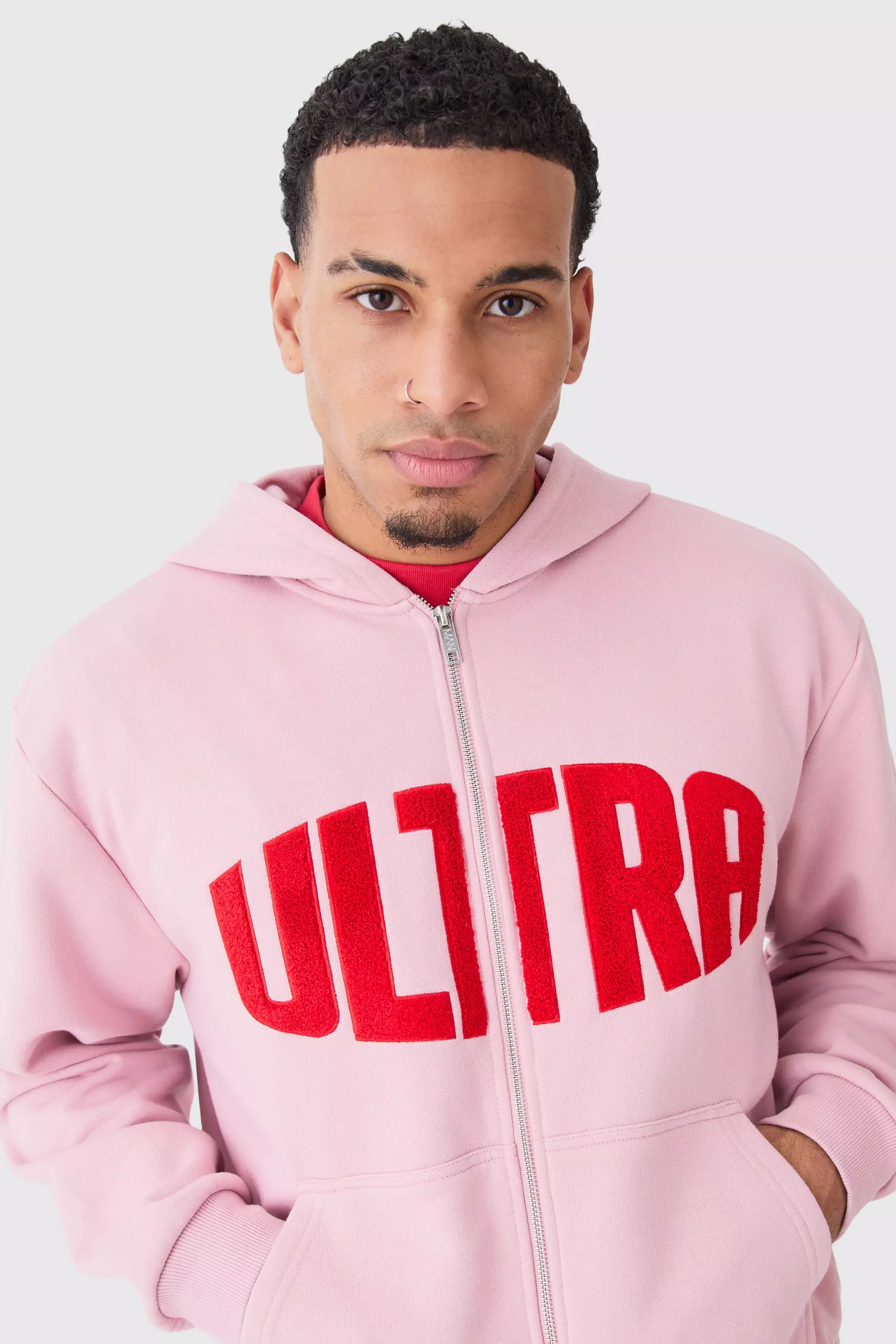 Oversized Boxy Zip Thru Borg Applique Hoodie boohooMAN UK